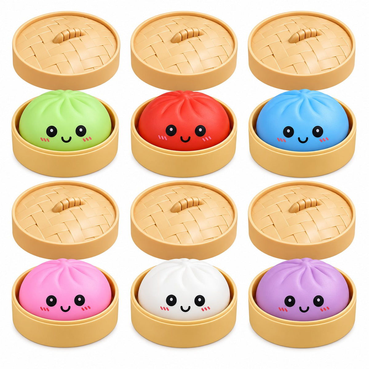 Twelve cute cartoon steamed buns arranged in a 3x4 grid, each resting in a round bamboo steamer basket. The buns come in multiple colors: green, red, blue, pink, white, and purple, with simple black eyes and pink cheeks.