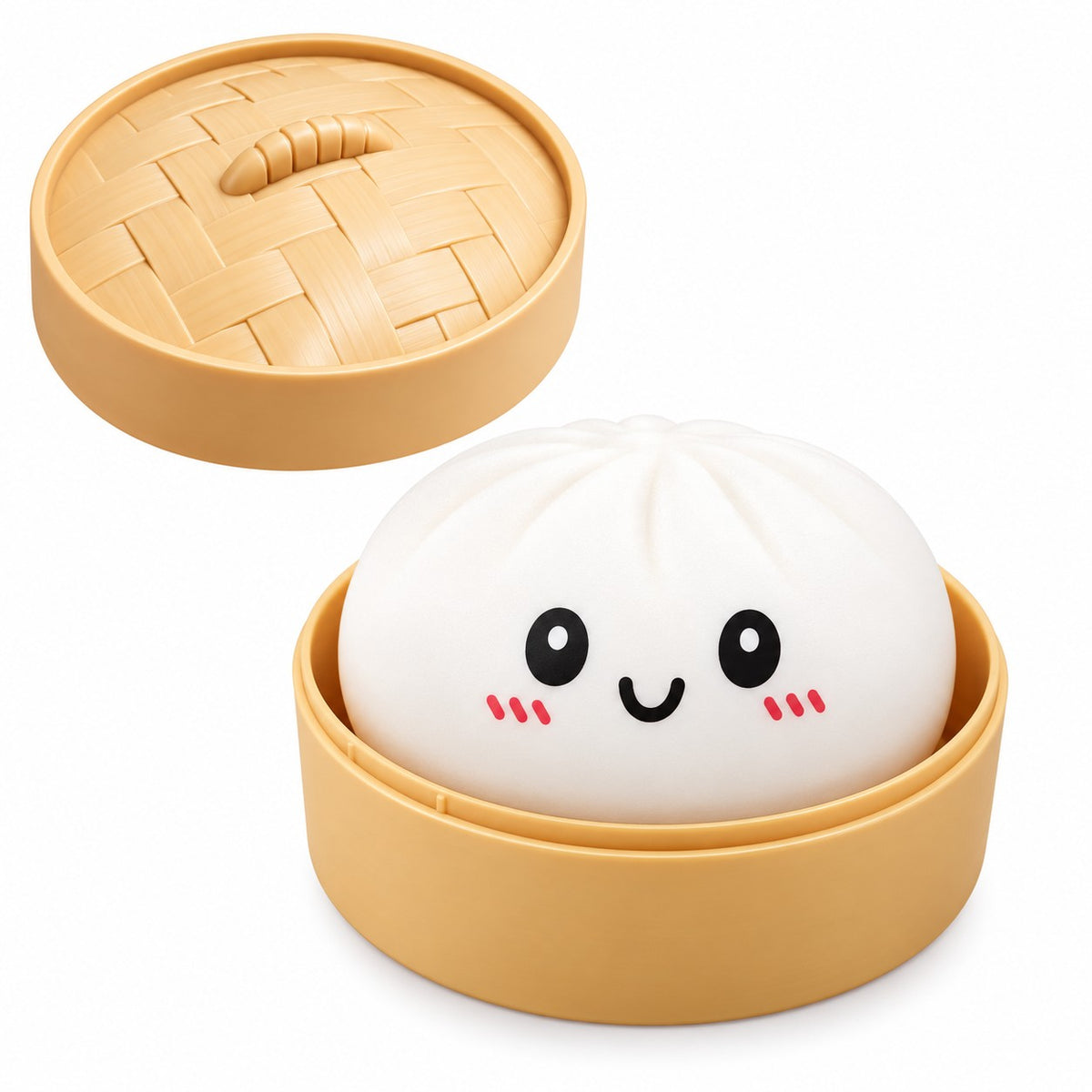 A cute white dumpling-shaped container with a smiling face and red cheeks, sitting inside a round tan steamer-style base, with the matching lid shown above on a white background.