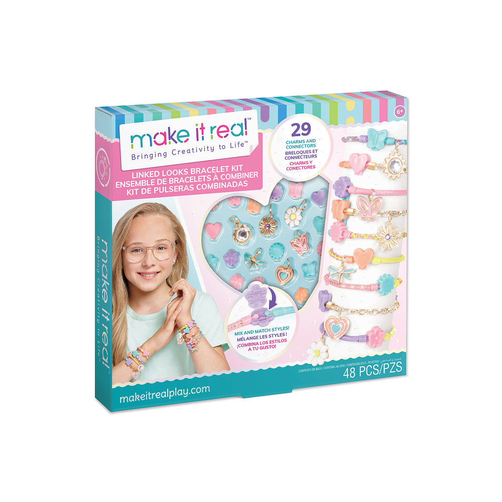 make it real Linked Looks Bracelet Kit retail box, featuring a colorful design with pastel stripes, a photo of a girl wearing bracelets, and an illustration of the bracelet set contents including heart, flower, and star charms.