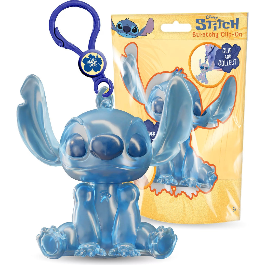 Disney Stitch Stretchy Clip-On keychain in translucent light blue, shown in front of its yellow retail packaging on a white background.
