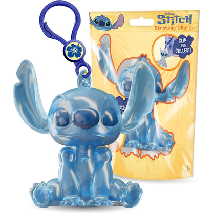 Disney Stitch Stretchy Clip-On keychain in translucent light blue, shown in front of its yellow retail packaging on a white background.