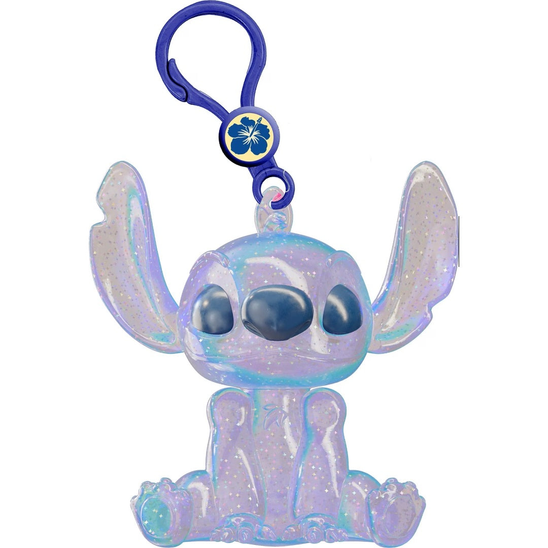 A translucent, glittery acrylic keychain charm shaped like Stitch from Disney's Lilo & Stitch, featuring a blue plastic clip with a blue hibiscus flower emblem, set against a plain white background.