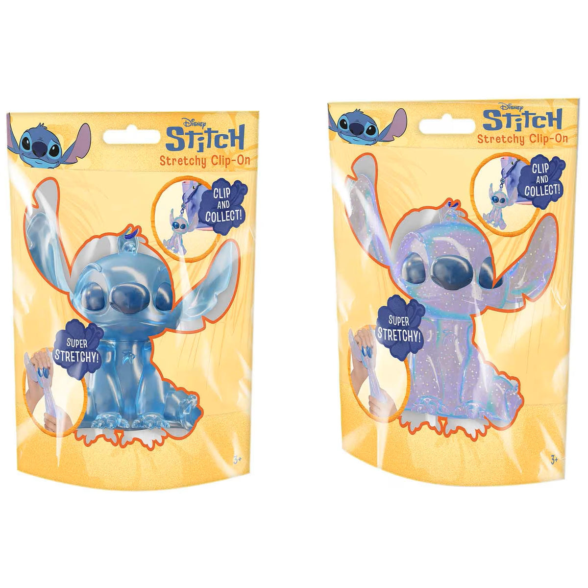 Two packaged Disney Stitch Stretching Clip-Ons on a plain white background. The left package shows a translucent blue clip-on, and the right package shows a iridescent lavender/purple clip-on.