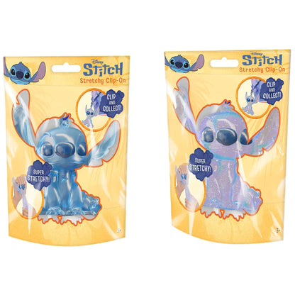 Two packaged Disney Stitch Stretching Clip-Ons on a plain white background. The left package shows a translucent blue clip-on, and the right package shows a iridescent lavender/purple clip-on.
