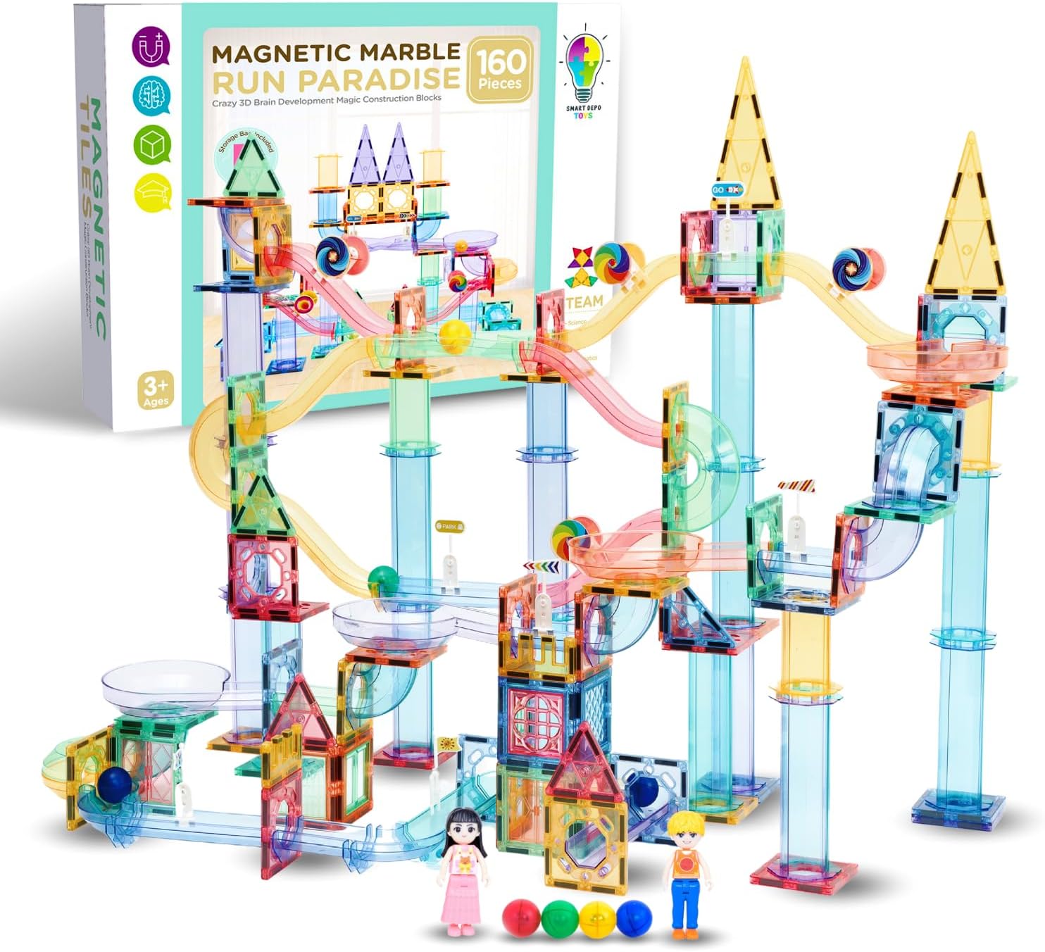 160 Magnetic Tiles 3D Marble Run Set