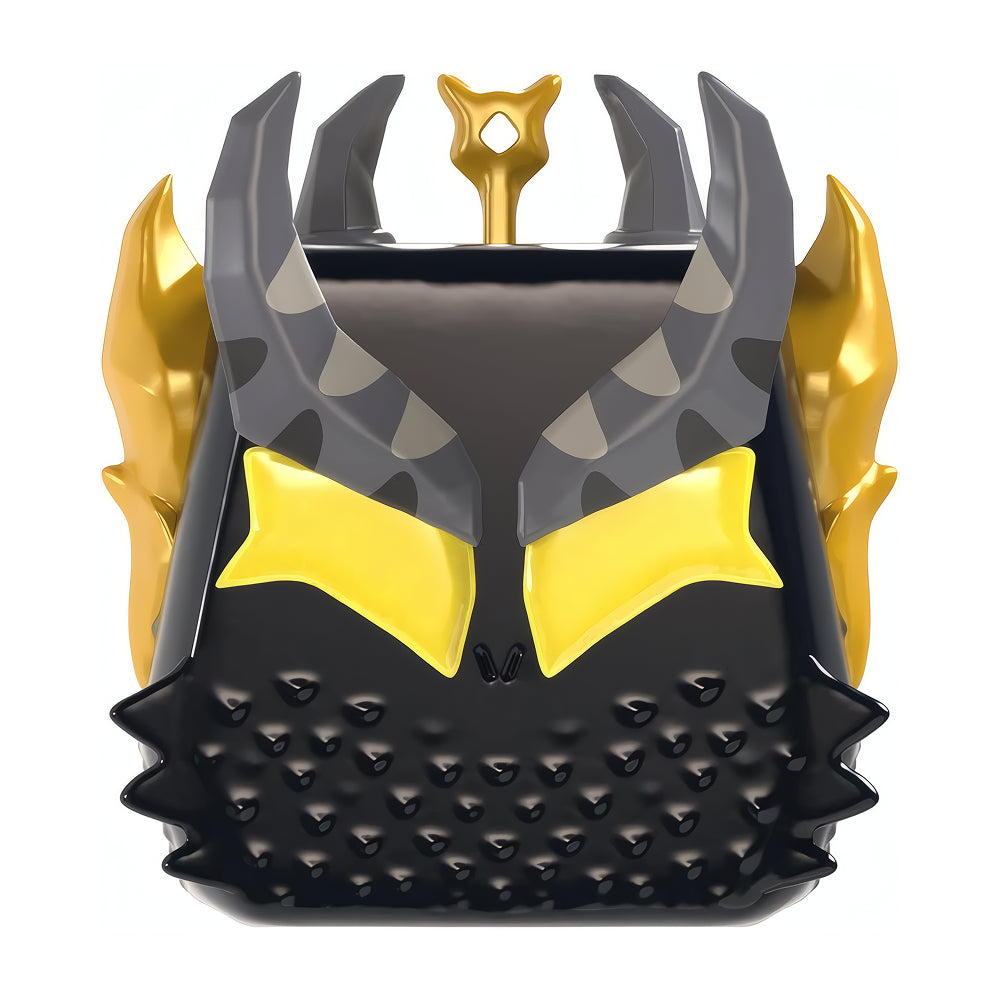A stylized black and gray horned helmet or mask with bright yellow accents, shown centered on a plain white background.