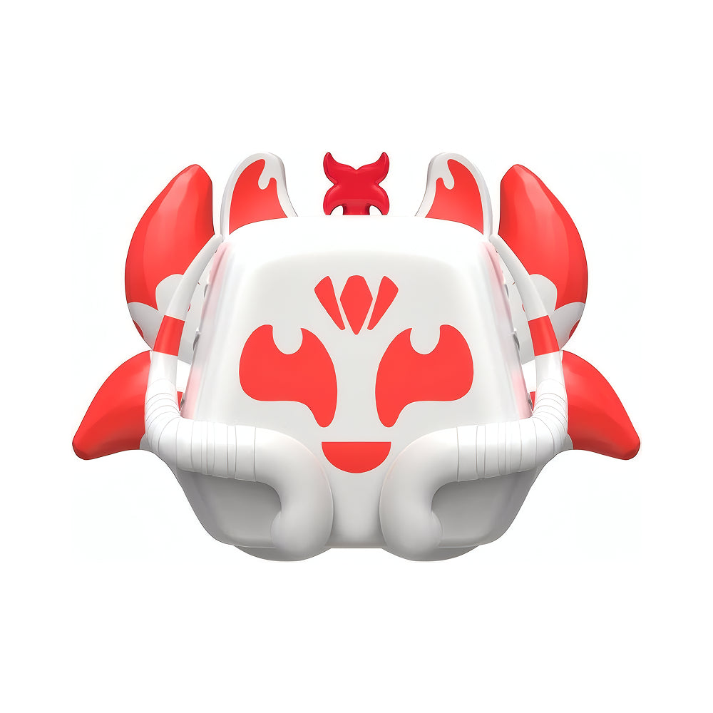 A stylized white and red robotic or mechanical head design centered on a plain white background.