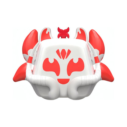 A stylized white and red robotic or mechanical head design centered on a plain white background.