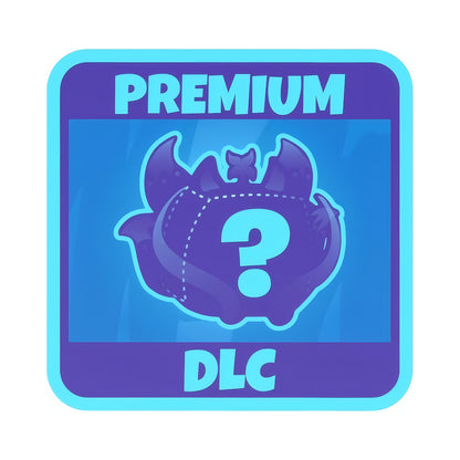 A stylized square badge with rounded corners on a white background. The badge is purple and blue, featuring the text 'PREMIUM' at the top and 'DLC' at the bottom, with a cartoon dragon illustration in the center containing a question mark.