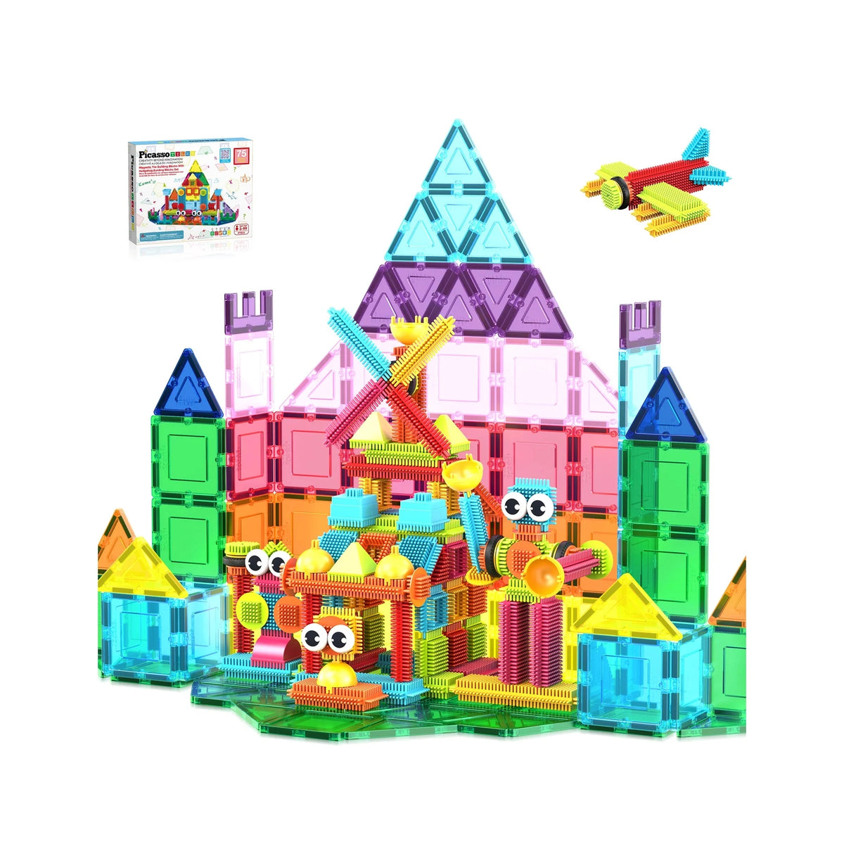 PicassoTiles Magnetic Tiles & Hedgehog Building Set 75 Pieces