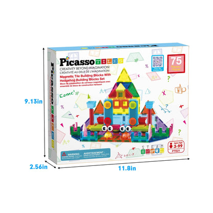 PicassoTiles Magnetic Tiles & Hedgehog Building Set 75 Pieces