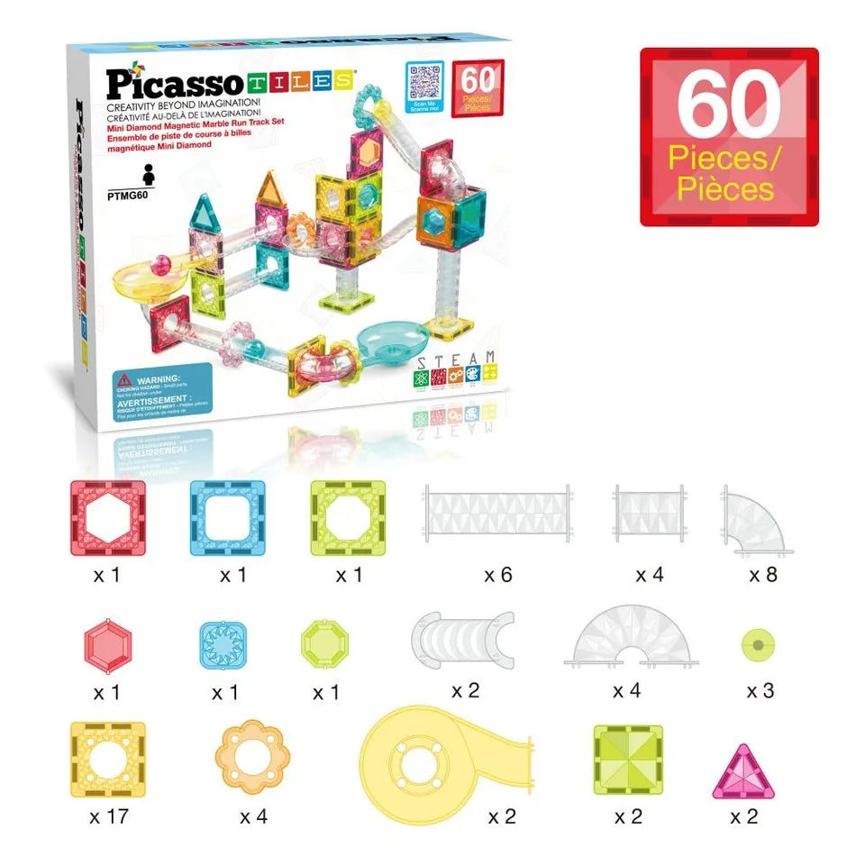 PicassoTiles Mini Diamond Magnetic Marble Run 60-Piece Set