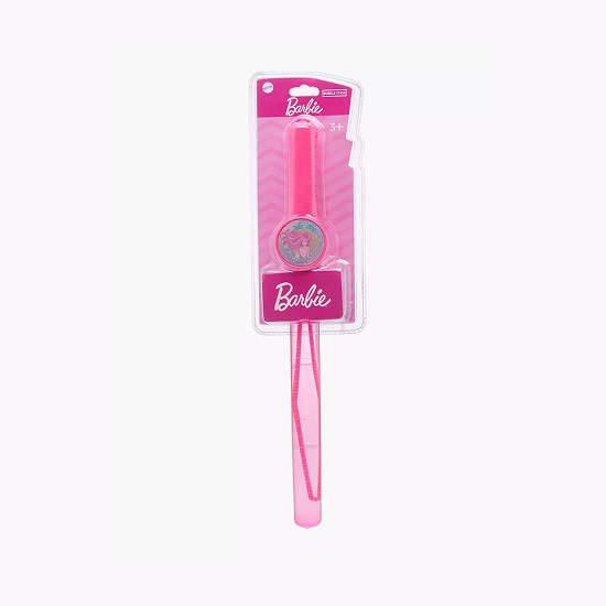 A pink Barbie-branded wand or stick-shaped accessory in clear retail packaging with a pink card label, shown on a plain light gray background.