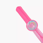 A pink plastic toy wand or stick with a circular decorative end featuring a cartoon mermaid illustration, shown on a plain white background.