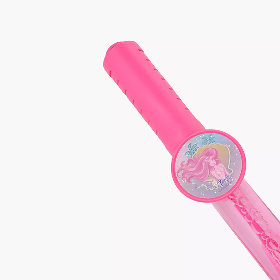 A pink plastic toy wand or stick with a circular decorative end featuring a cartoon mermaid illustration, shown on a plain white background.