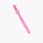 A pink plastic novelty stick with a round decorative emblem in the center, shown diagonally on a plain white background.