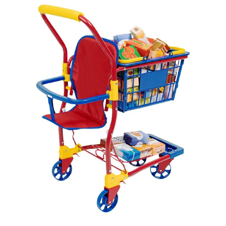 Kids Shopping Cart with Doll Seat & Play Food Set