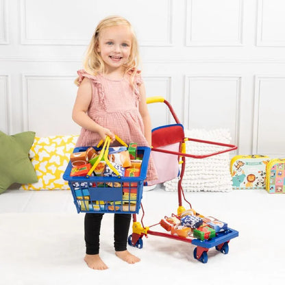 Kids Shopping Cart with Doll Seat & Play Food Set