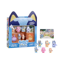 Bluey Fuzzies Deluxe Figure Pack with characters and packaging on a white background