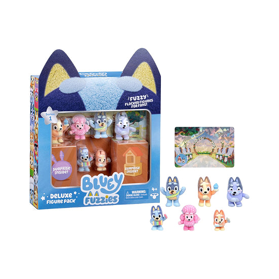 Bluey Fuzzies Deluxe Figure Pack with characters and packaging on a white background