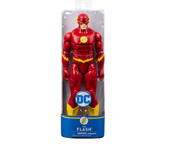 Superhero action figure in red costume with yellow accents in packaging on a white background
