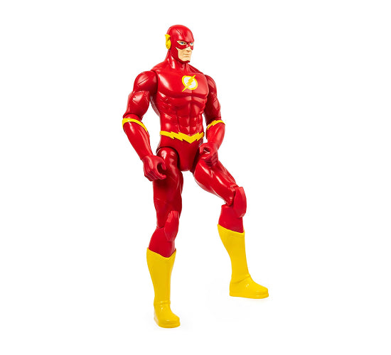 Superhero action figure in red and yellow costume on a white background