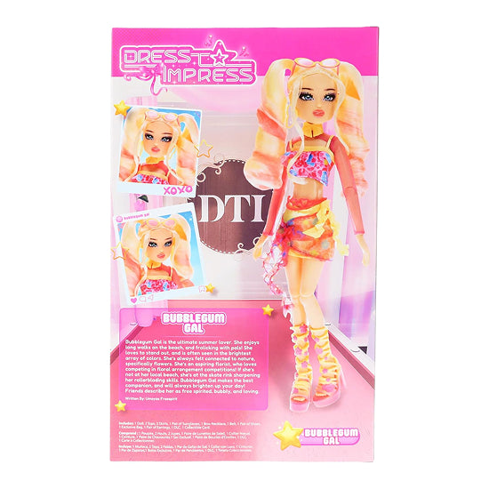 Dressy & Impress doll packaging with a doll and product details on a pink background