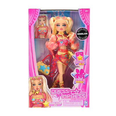 Toy doll in a colorful package with 'Dress to Impress' branding and Rubble logo.