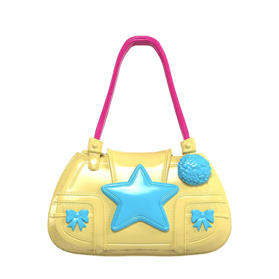 Yellow handbag with a blue star and pink handle on a white background