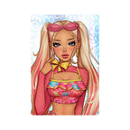 Cartoon character with pink hair and outfit on a colorful background