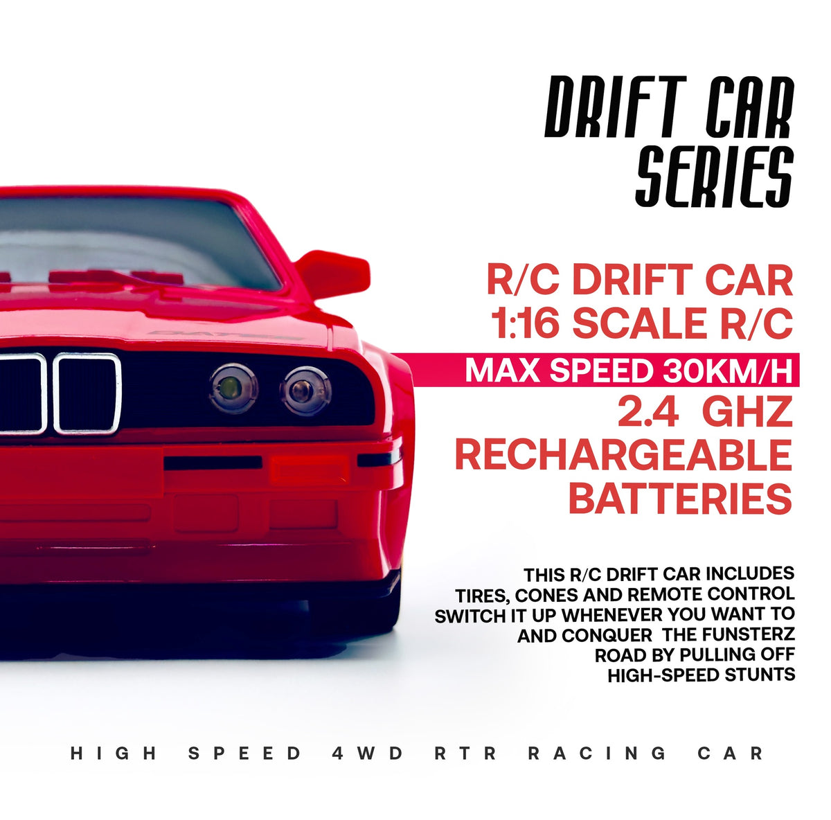 سيارة التحكم عن بعد Funsterz Drift Series 1:16 بسرعة 30 كم/ساعة مع أضواء LED