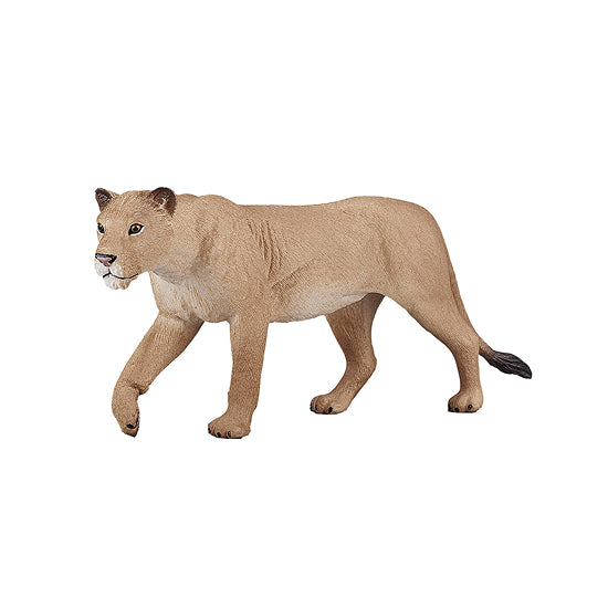 Realistic lioness figurine on a white background
