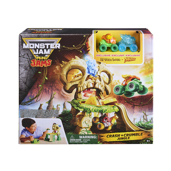 Monster Jam Mini Jams Crash 'N Crumble Jungle Playset – Launcher with 2 Exclusive Mini Trucks