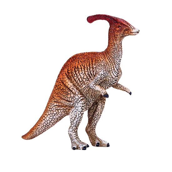 Dinosaur model with a red crest on a white background
