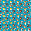 Pattern of cartoon dog characters on a blue background