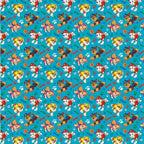 Pattern of cartoon dog characters on a blue background