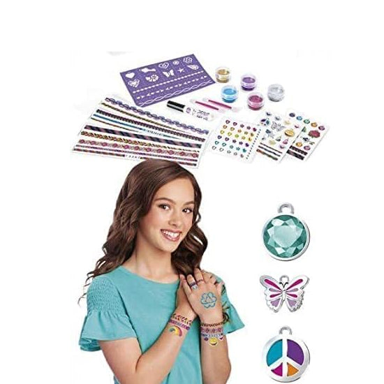 Girl with temporary tattoos and accessories on a white background