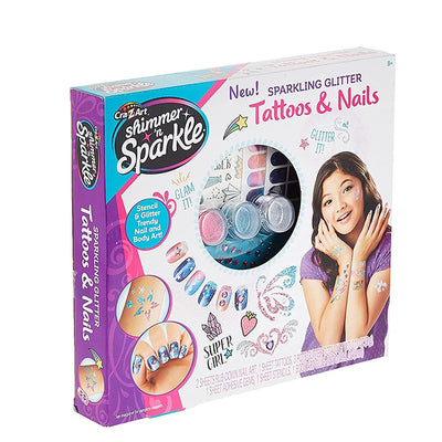 Crayola Shimmer & Sparkle Tattoos & Nails kit packaging on a white background