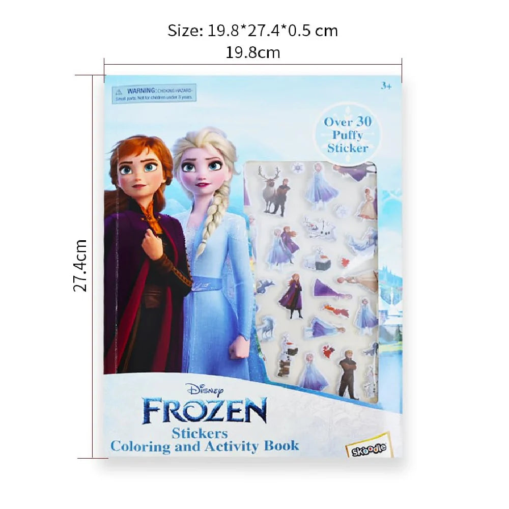 Disney Frozen stickers and coloring book packaging with character illustration and size dimensions.